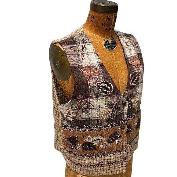 VTG 90s Embroidered Leaf Vest M Brown Plaid Wool Grandmacore Dark Academia - Picture 11 of 17